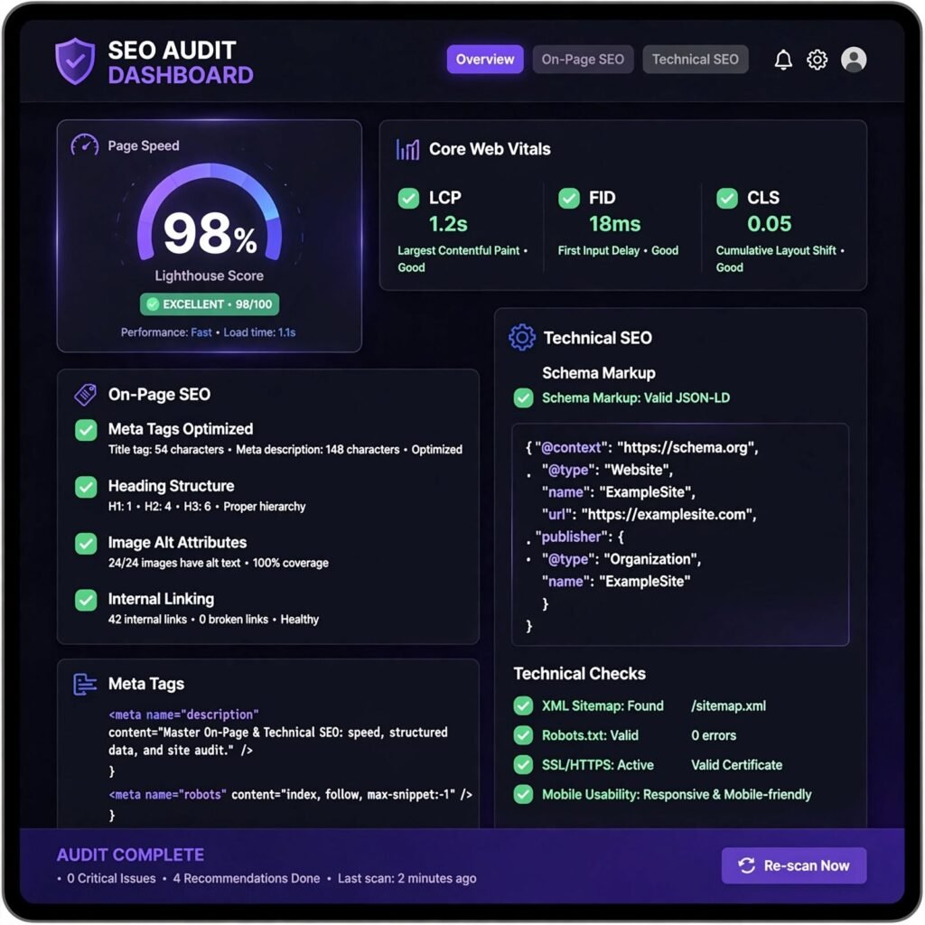 SEO audit dashboard illustration showing page speed score, Core Web Vitals and on-page SEO checks