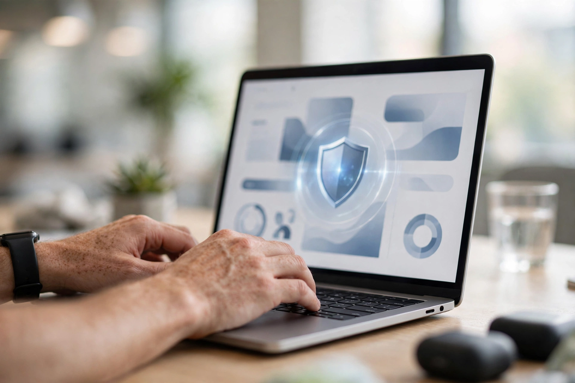 A technician updating website software on a laptop with a security shield overlay