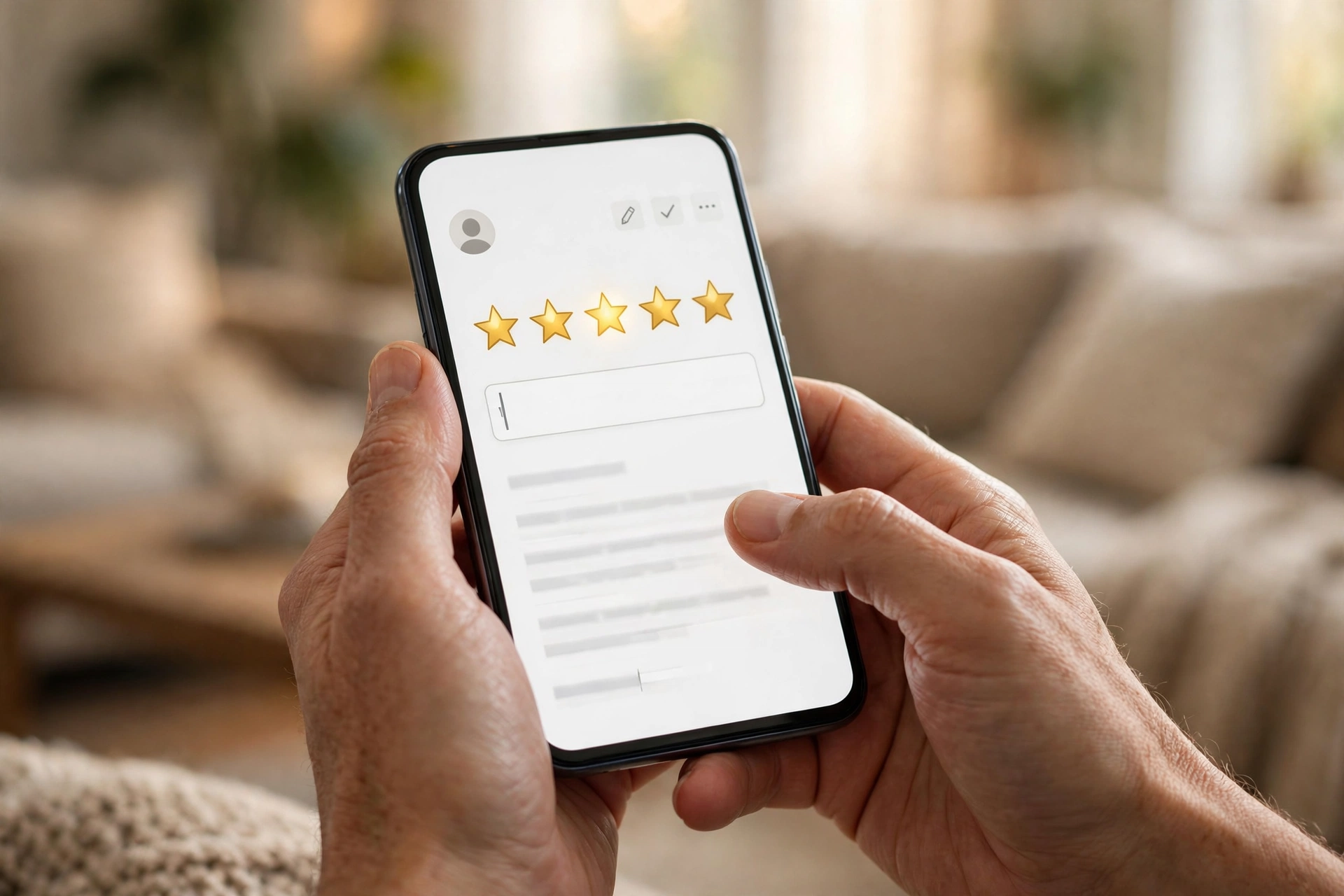 Close-up of a smartphone showing a five-star Google review being written