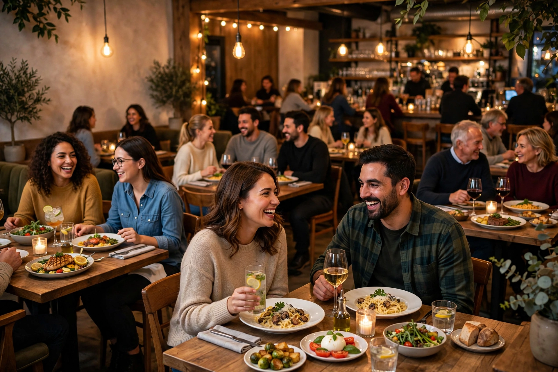 Cozy busy restaurant interior with happy diners