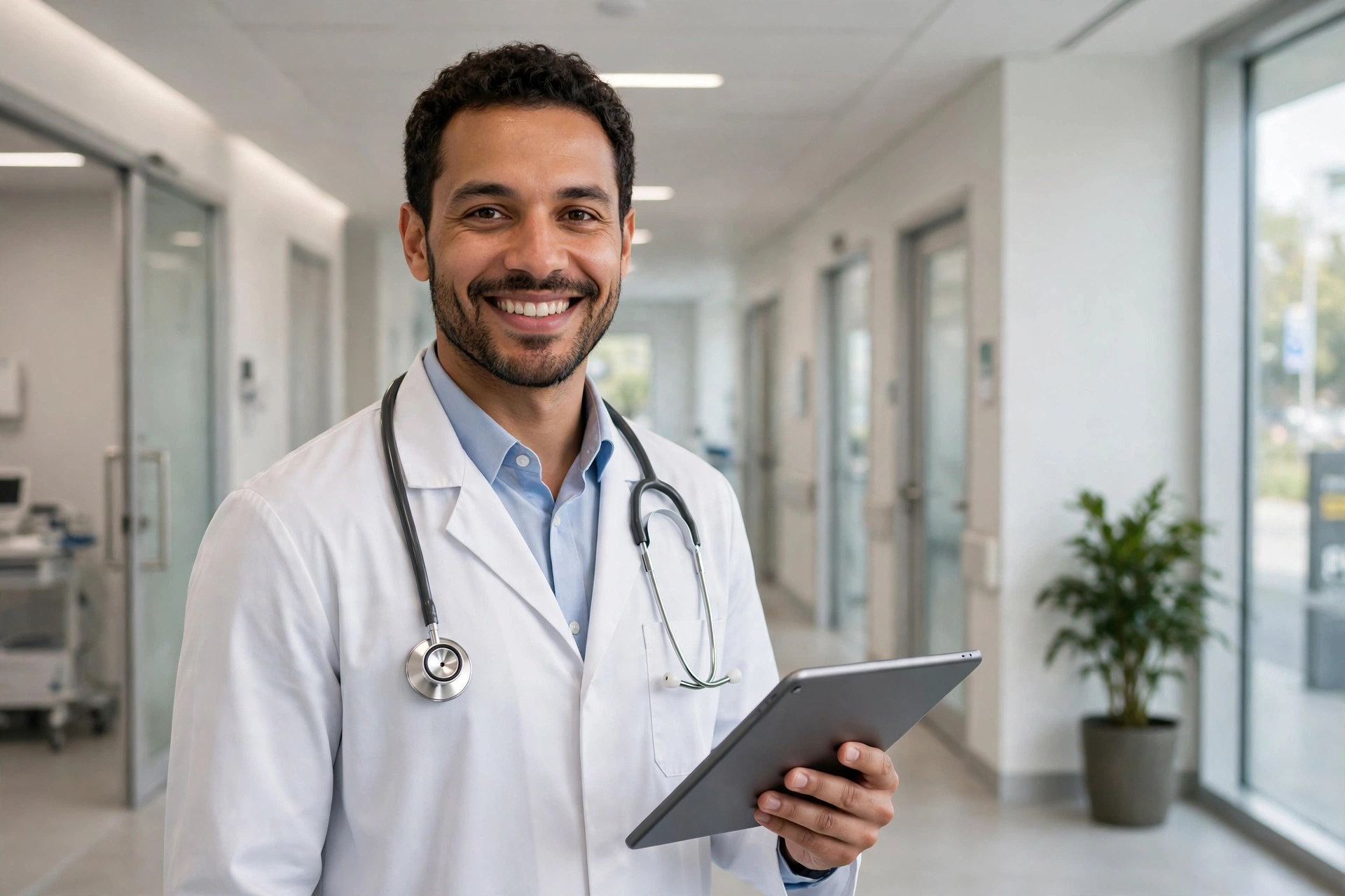 Doctor with tablet in a bright modern medical clinic