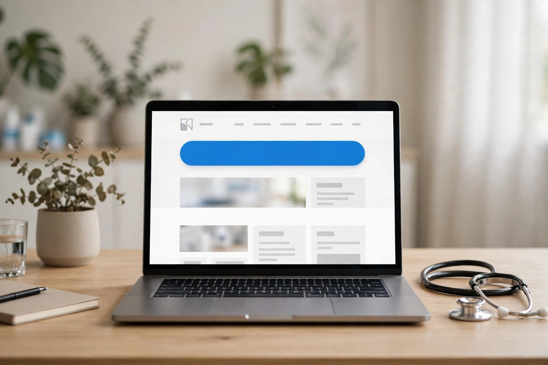 Laptop showing a clean medical practice website with an online booking button