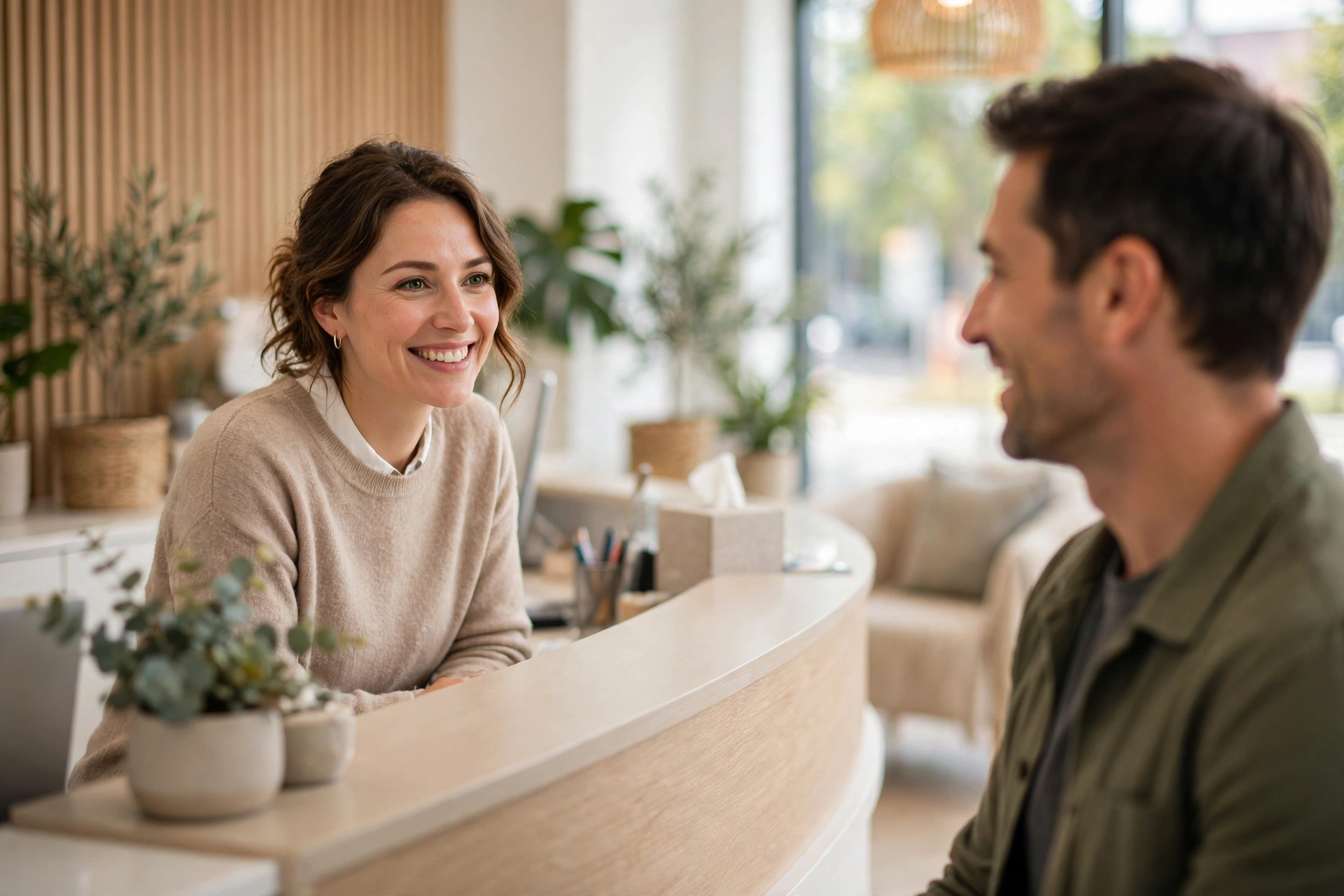 Friendly receptionist greeting a patient at the front desk of a modern dental clinic