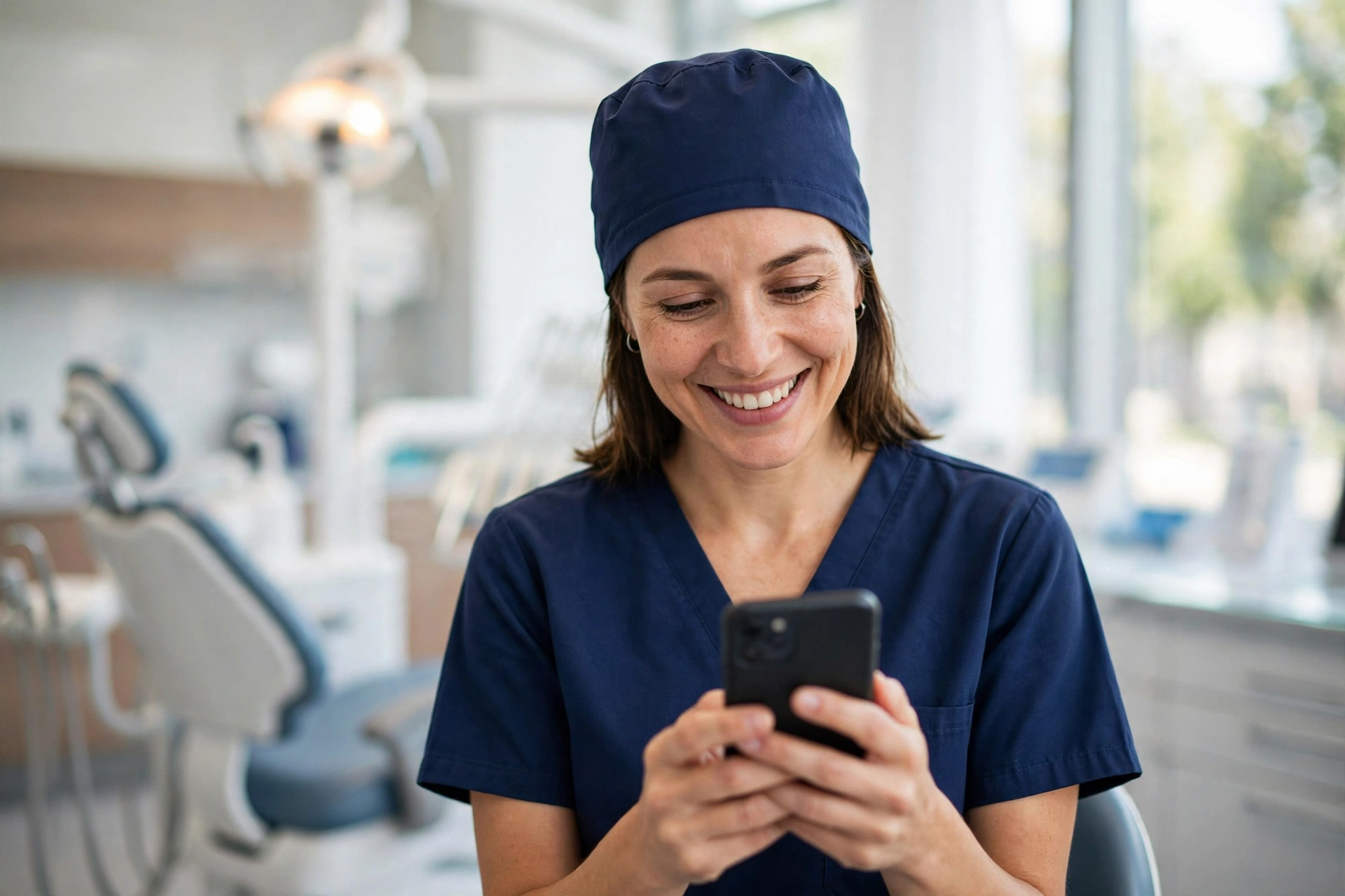 Dental professional in a modern operatory checking patient reviews on a smartphone