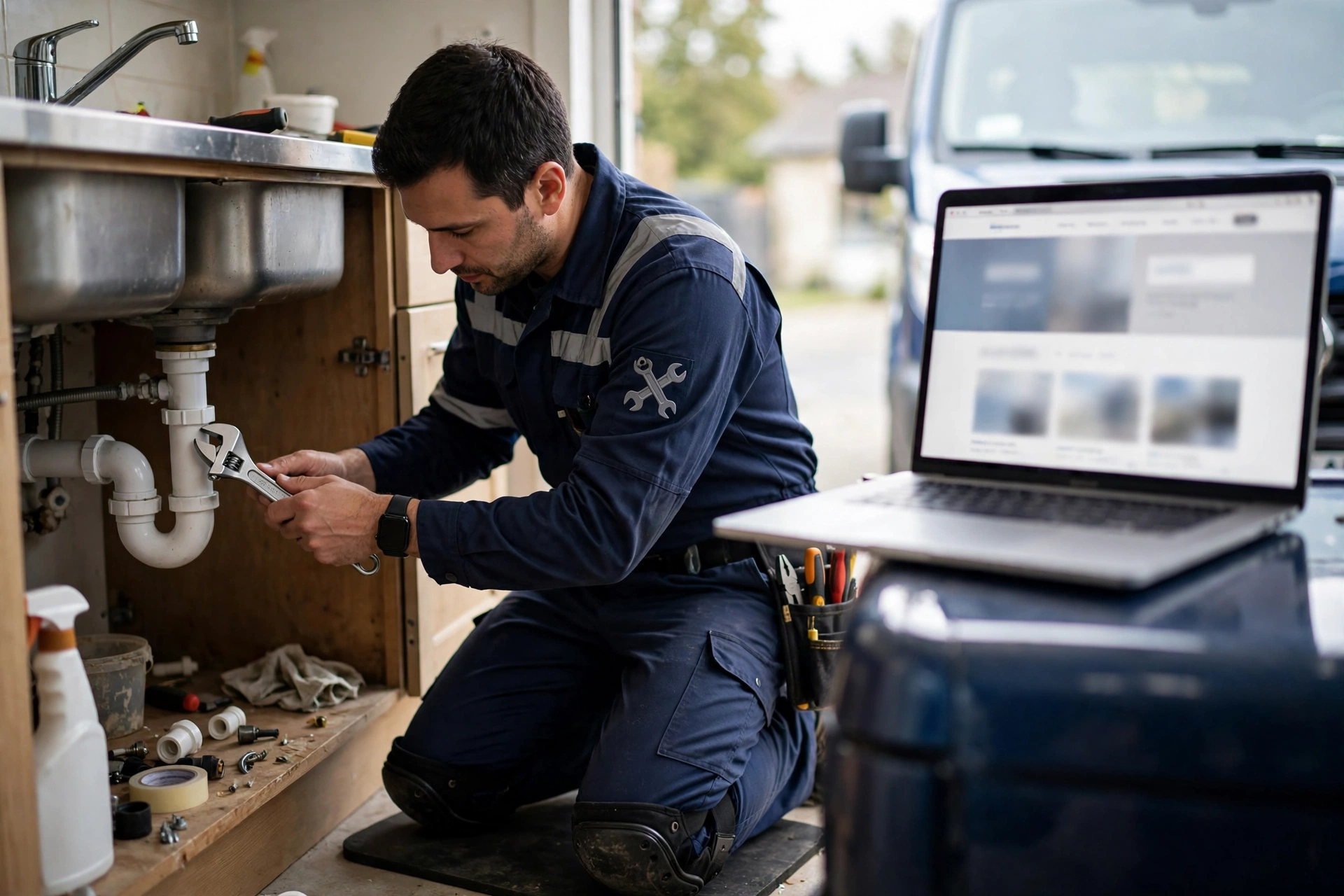 A plumber in uniform checking a sink repair while a modern laptop shows a clean plumbing company website homepage on a work van's hood