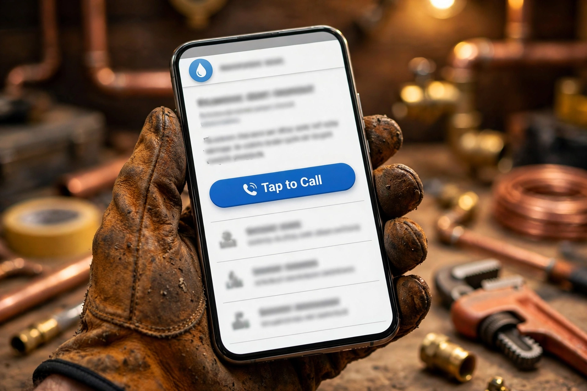 A close-up of a smartphone showing a plumbing company website with a big tap-to-call button, held by a work-gloved hand next to plumbing tools