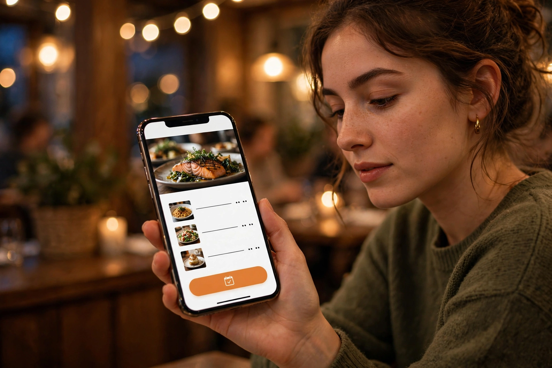 A diner holding a smartphone showing a beautiful restaurant website with visible menu and reserve button, warm restaurant interior blurred in the background