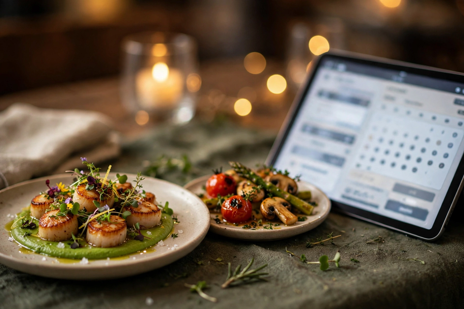 Close-up of a restaurant table with delicious plated food, a tablet showing an online reservation page beside it, warm cozy lighting