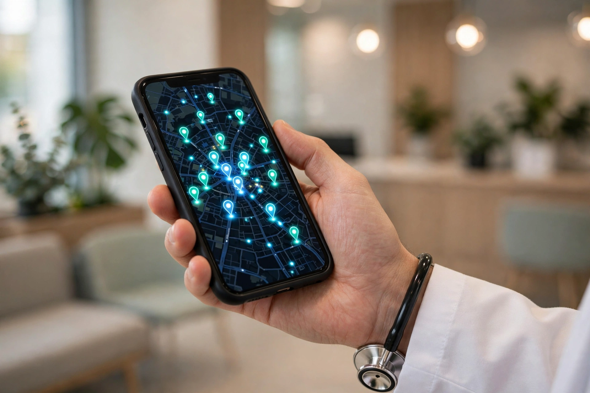 A doctor's hand holding a smartphone showing a map with glowing location pins, modern medical clinic reception softly blurred in the background