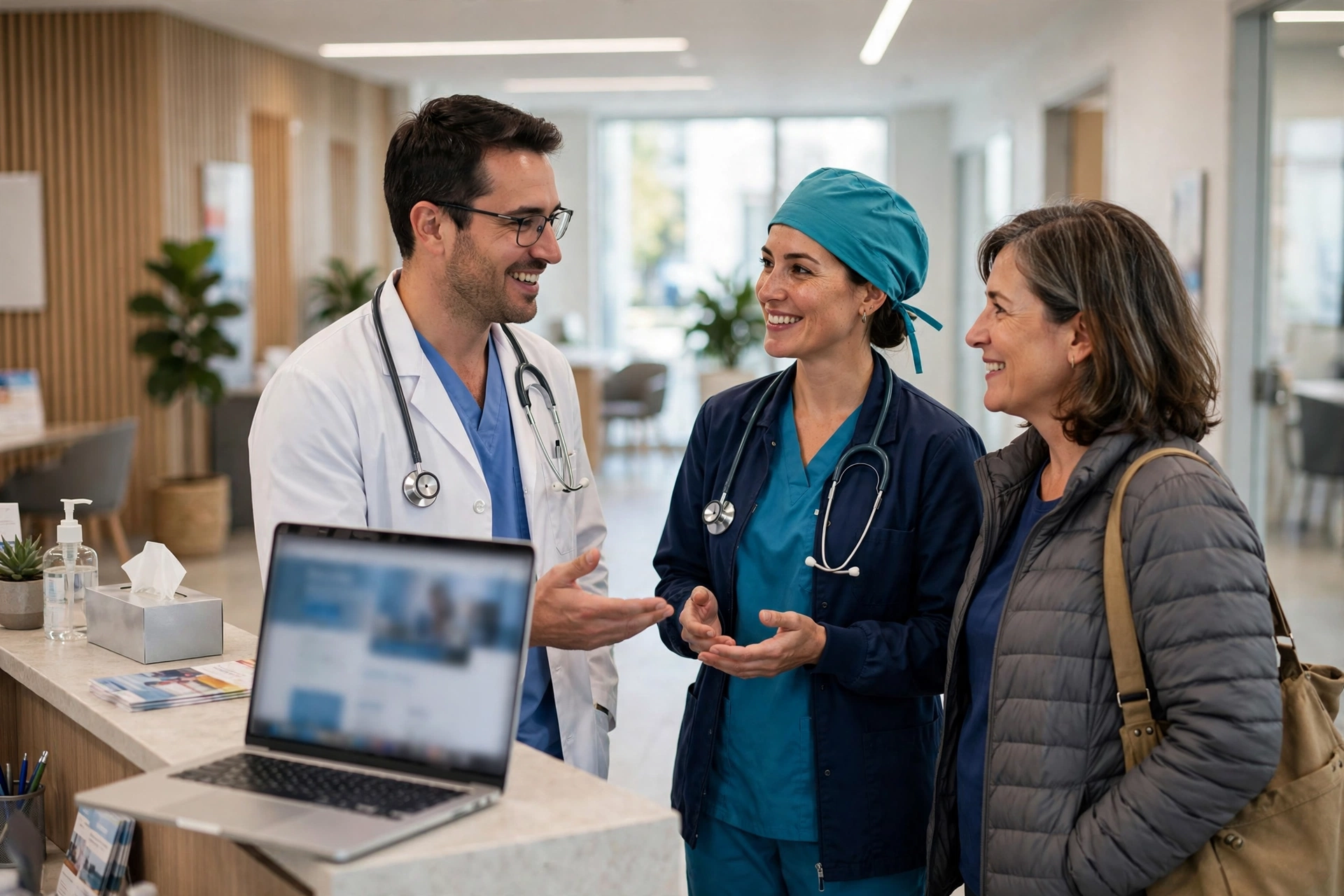 A friendly doctor and nurse talking with a patient in a bright modern clinic hallway, laptop on the reception desk showing a medical practice website