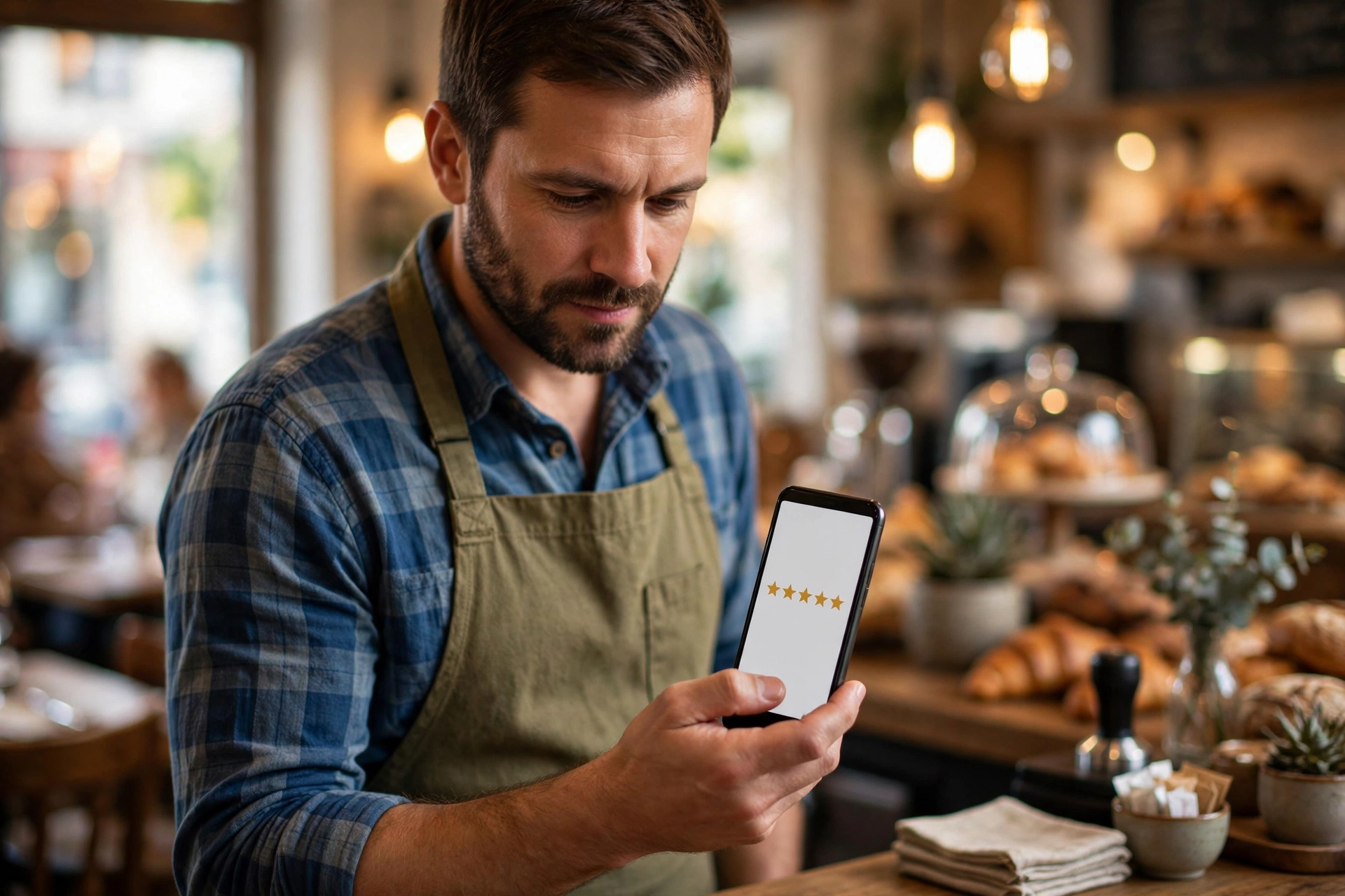 A small business owner in an apron standing at a restaurant counter looking thoughtfully at a smartphone showing star rating icons, warm dining room blurred in the background