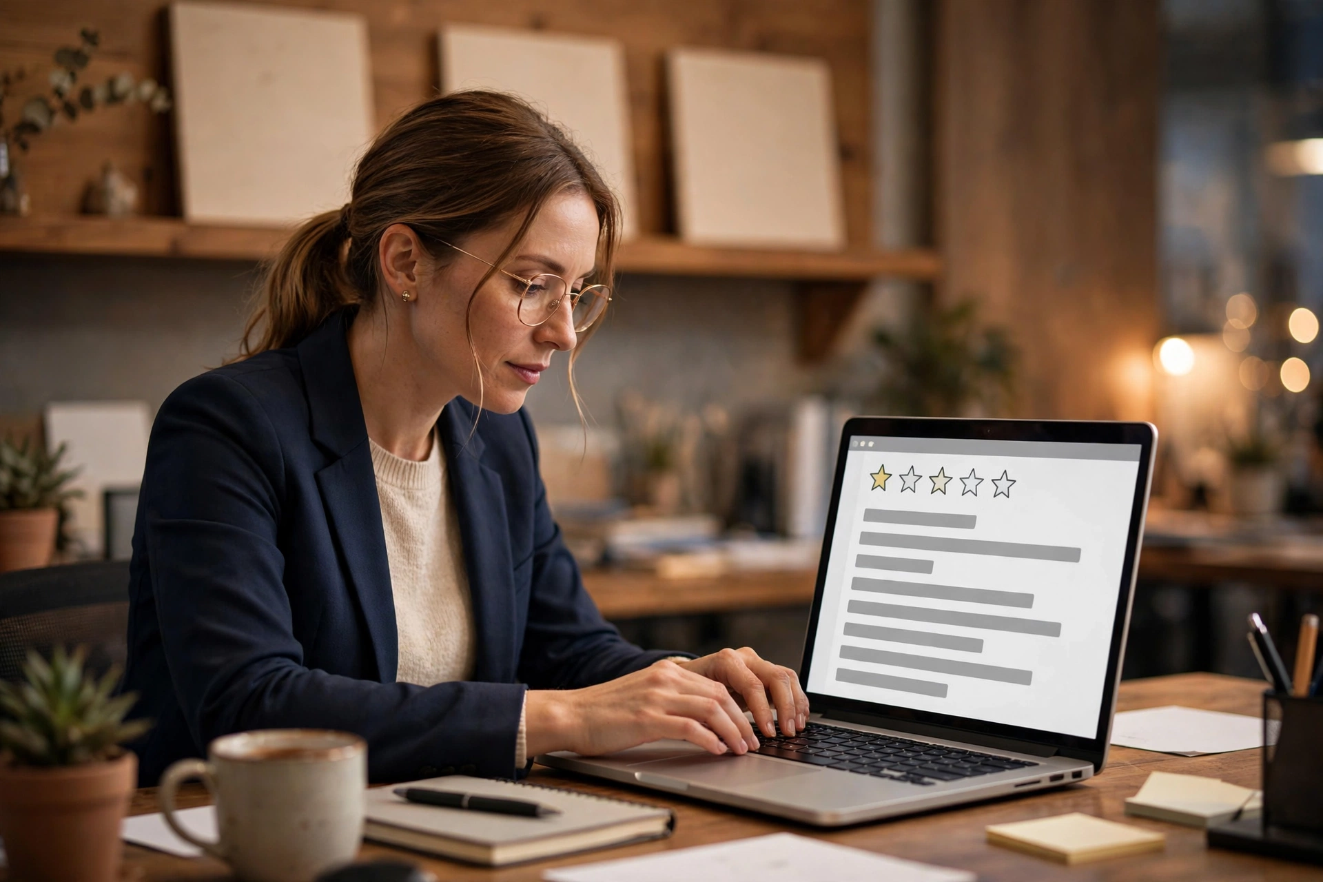 A professional woman at a desk with a laptop replying to customer reviews, warm office lighting, small business awards on the shelf behind her