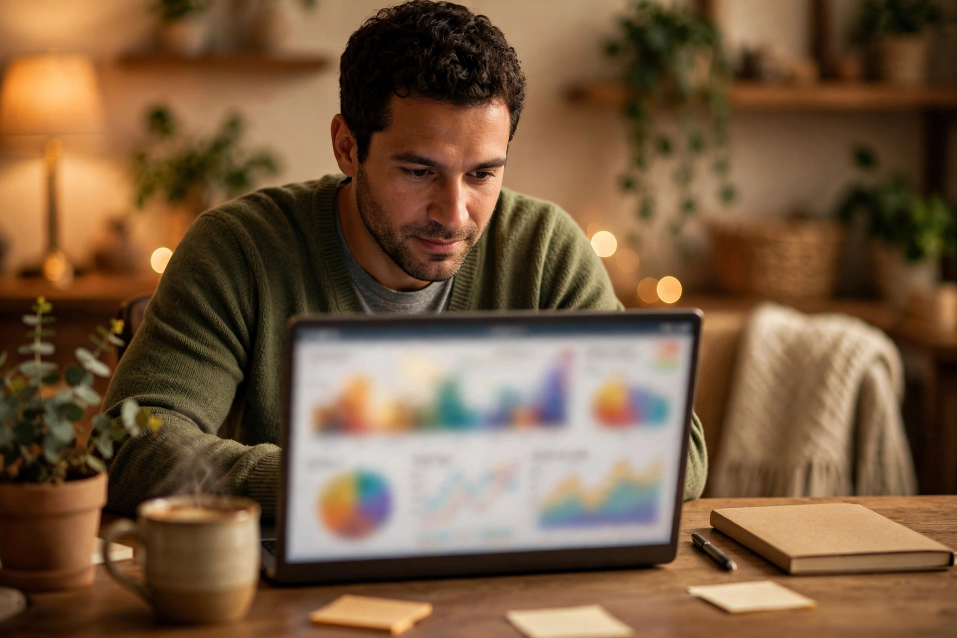 A small business owner at a warm home office desk studying a laptop showing a blurred advertising analytics dashboard with colorful charts