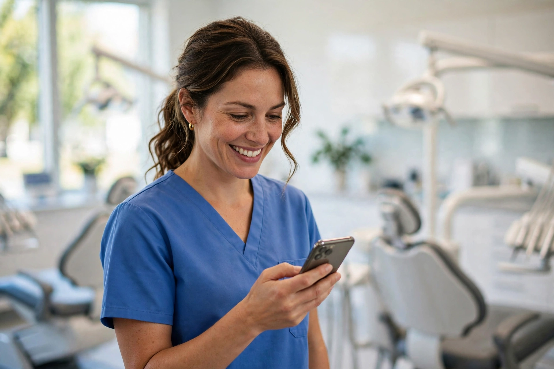 A friendly dentist in blue scrubs in a bright modern dental office holding a smartphone and smiling, blurred dental chairs behind