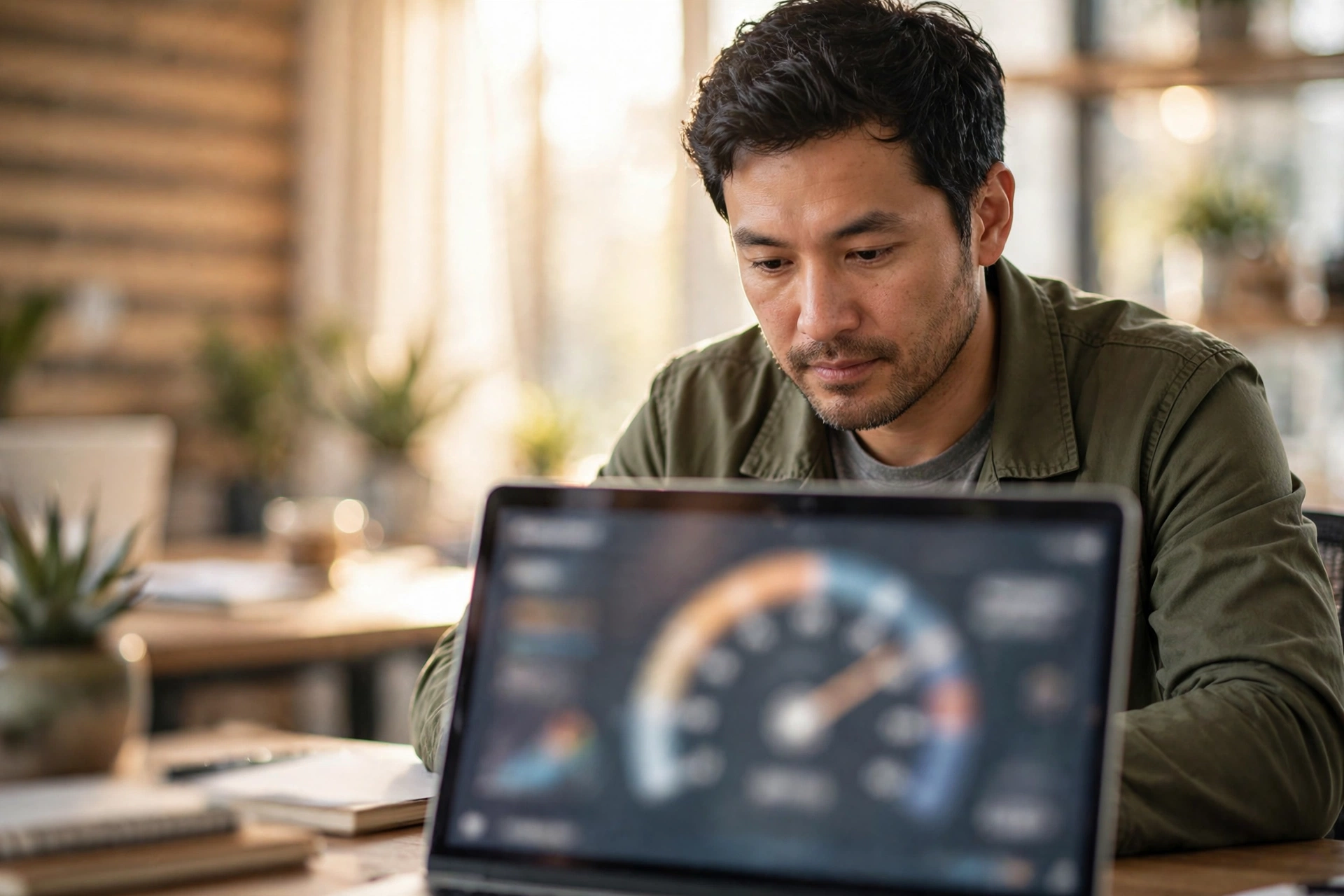 A small business owner in a bright modern office checking their website on a laptop, with a blurred speed-gauge performance dashboard visible on the screen