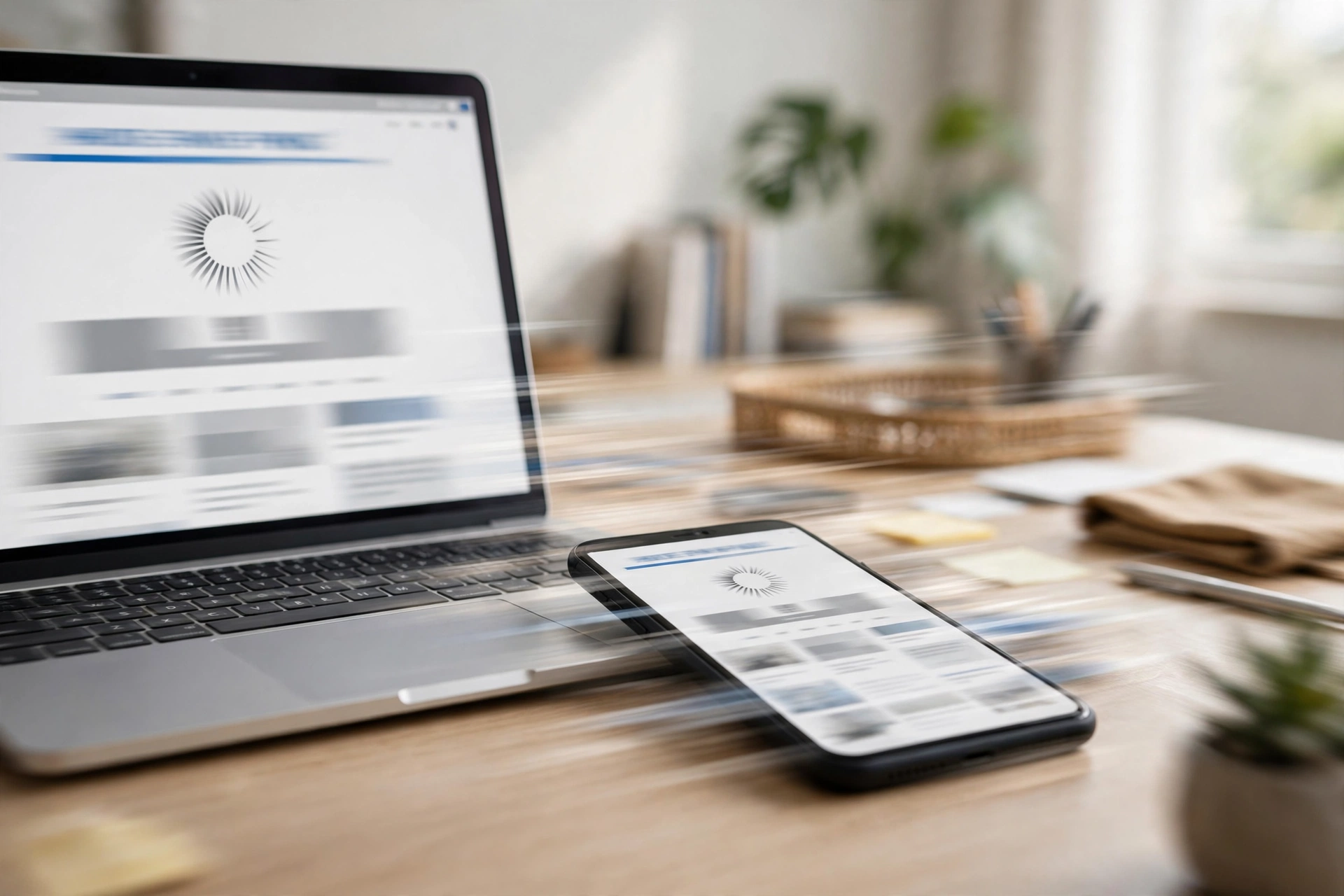 Close-up of a smartphone and laptop on a bright desk showing a fast-loading small business website, with subtle motion blur suggesting speed