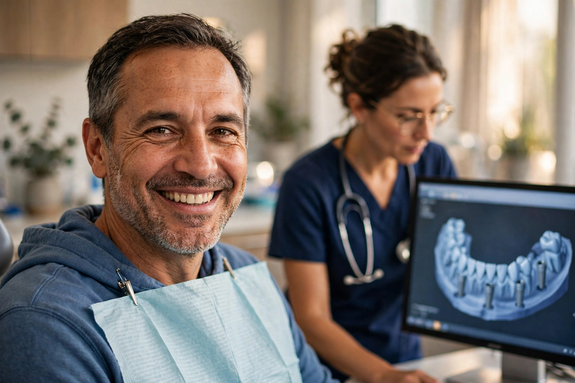 A confident middle-aged patient smiling in a bright modern dental office, dentist in the background reviewing a digital 3D implant scan on a monitor