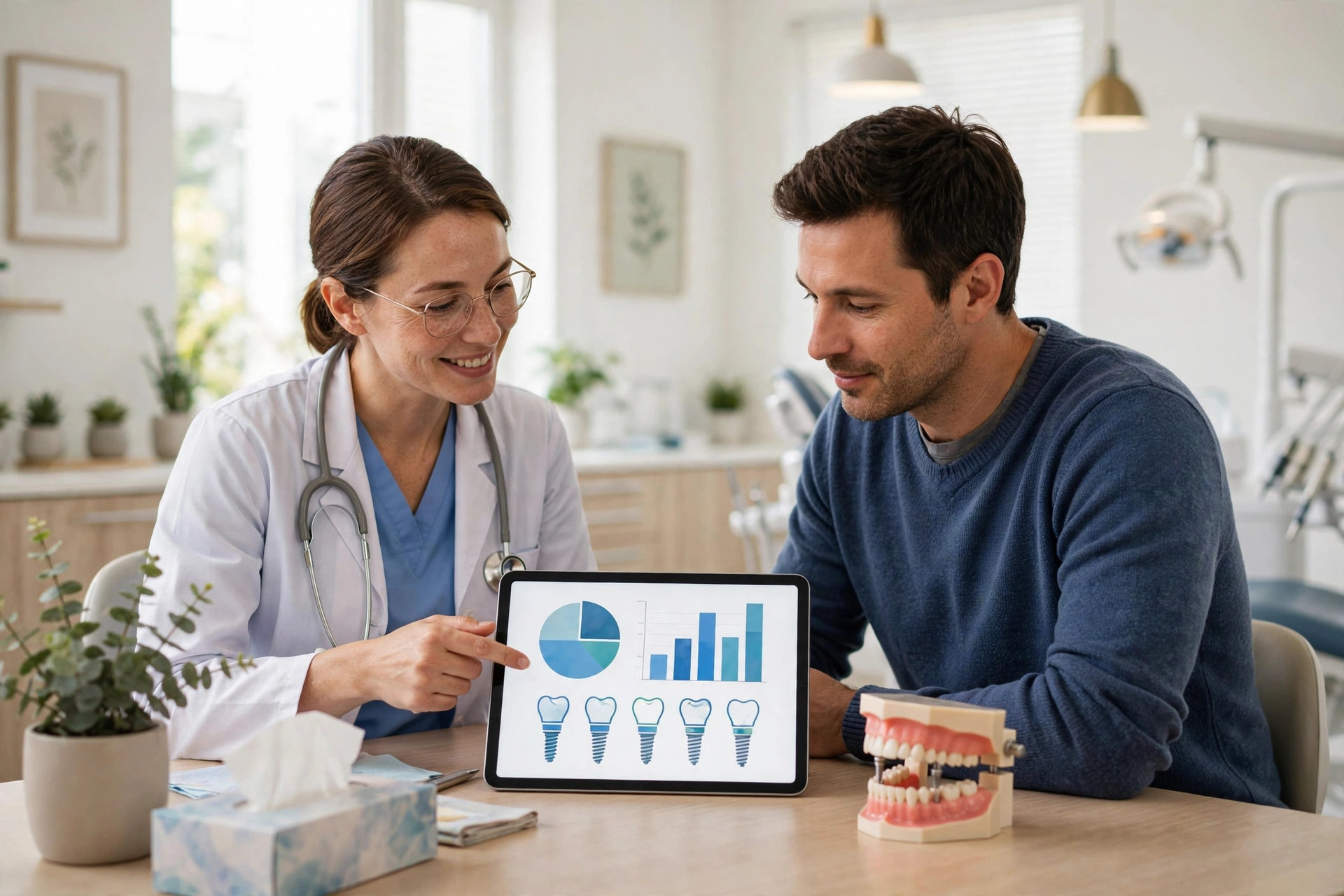 A dentist consulting with a patient over a treatment plan at a desk, showing implant options and a transparent cost breakdown on a tablet