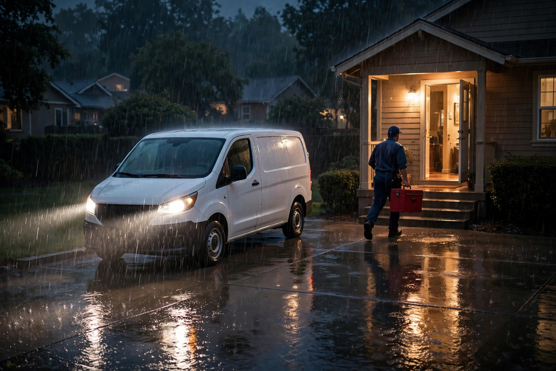 A plumber's van at night with headlights on in a residential driveway, technician carrying a toolbox toward a house with an open front door and warm light inside