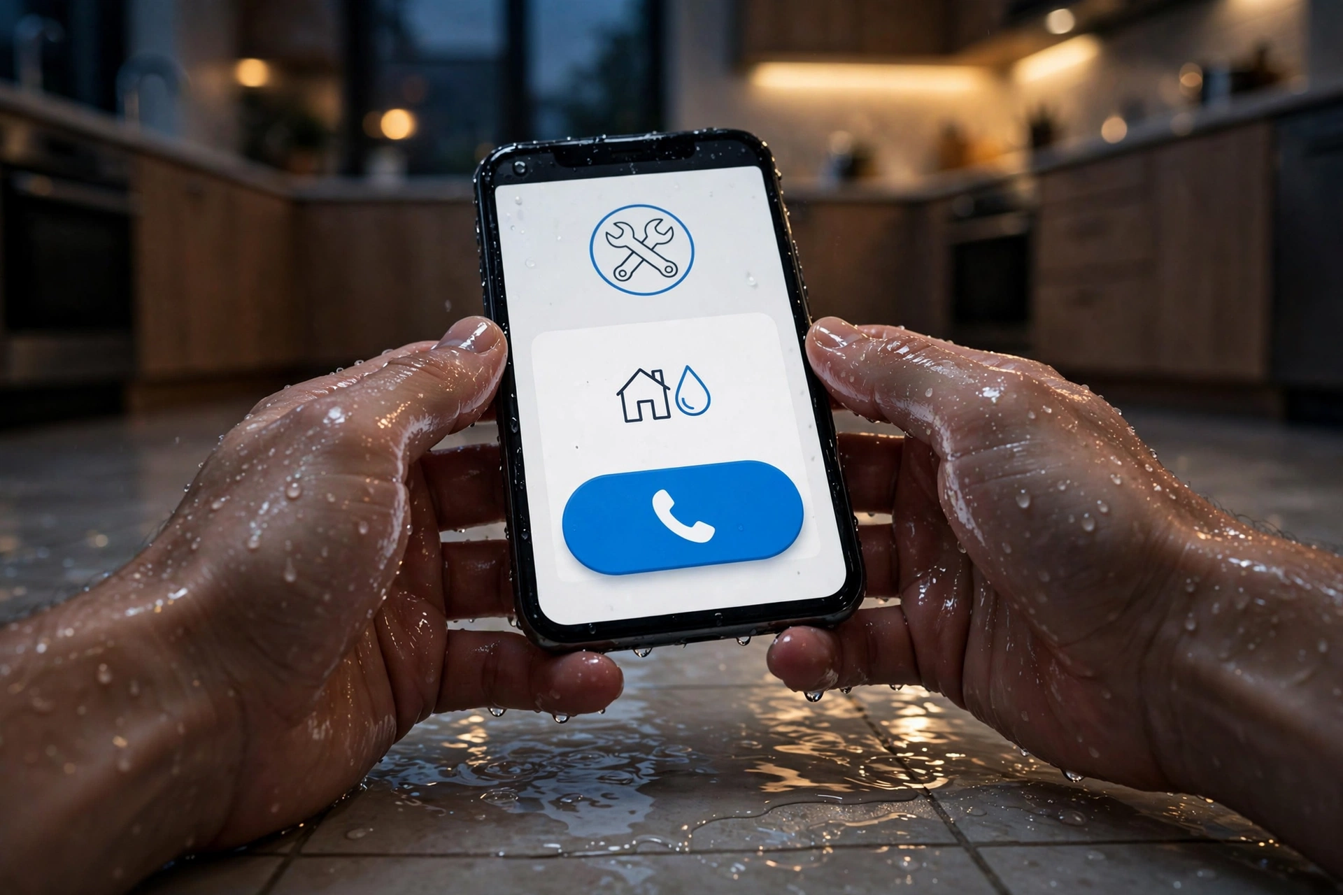 Close-up of a smartphone in wet hands on a kitchen floor showing a plumber's website with a large tap-to-call button, shallow flood water visible around it
